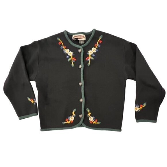 Obermeyer Black Floral Wool Cardigan Sweater Embroidered Button Up Size‎ Medium - Picture 1 of 12
